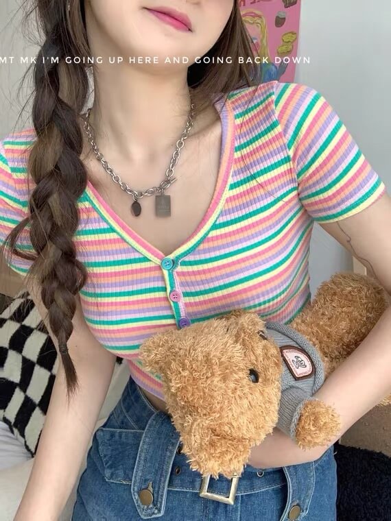 2022 new ins fashion rainbow striped knit shirt BY7070