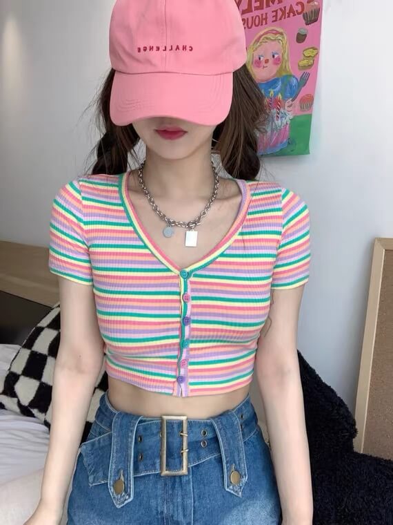 2022 new ins fashion rainbow striped knit shirt BY7070