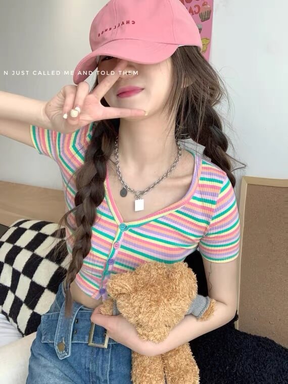 2022 new ins fashion rainbow striped knit shirt BY7070