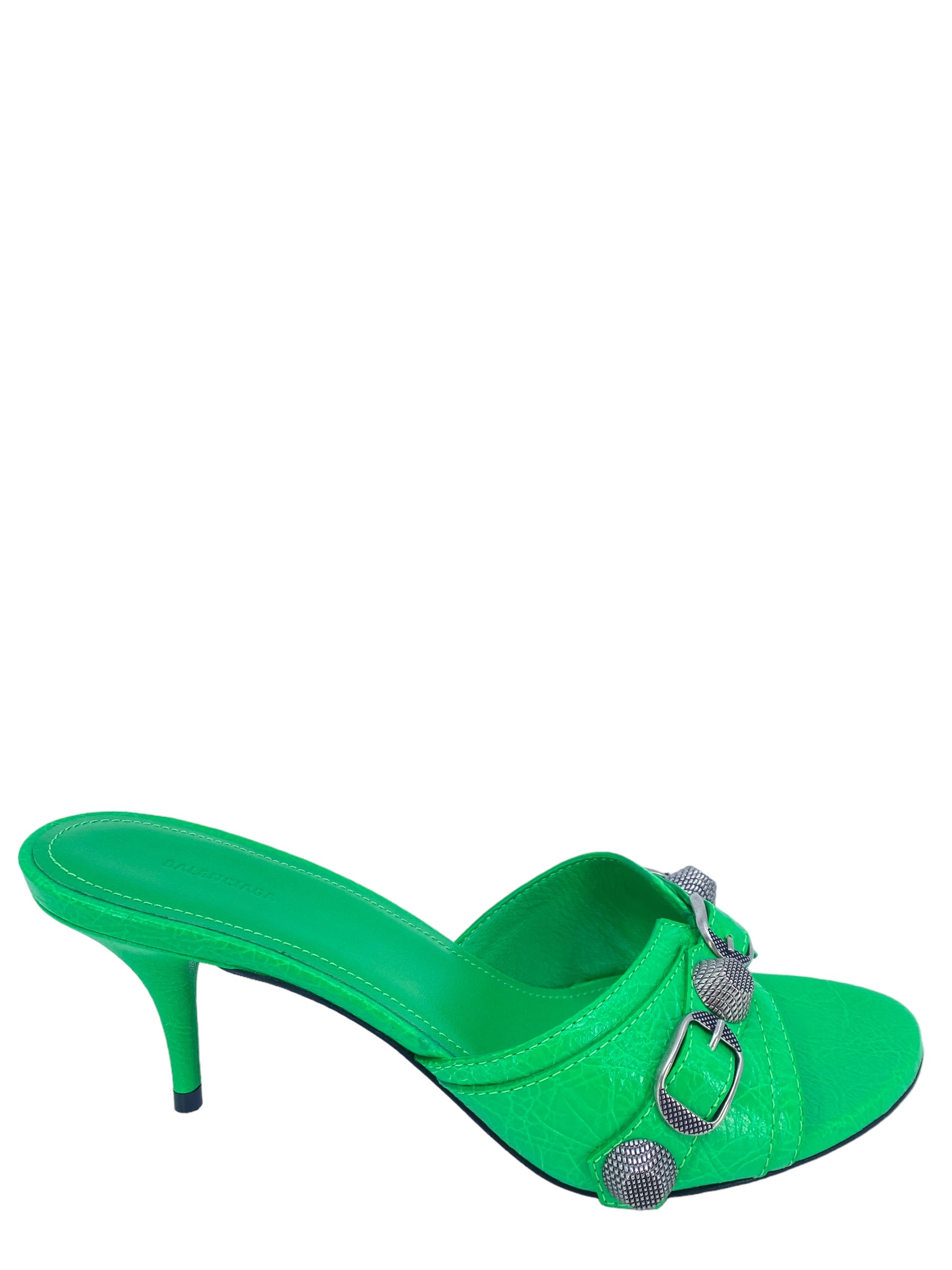 Balenciaga Cagole Embellished Green Leather Mules Size 7