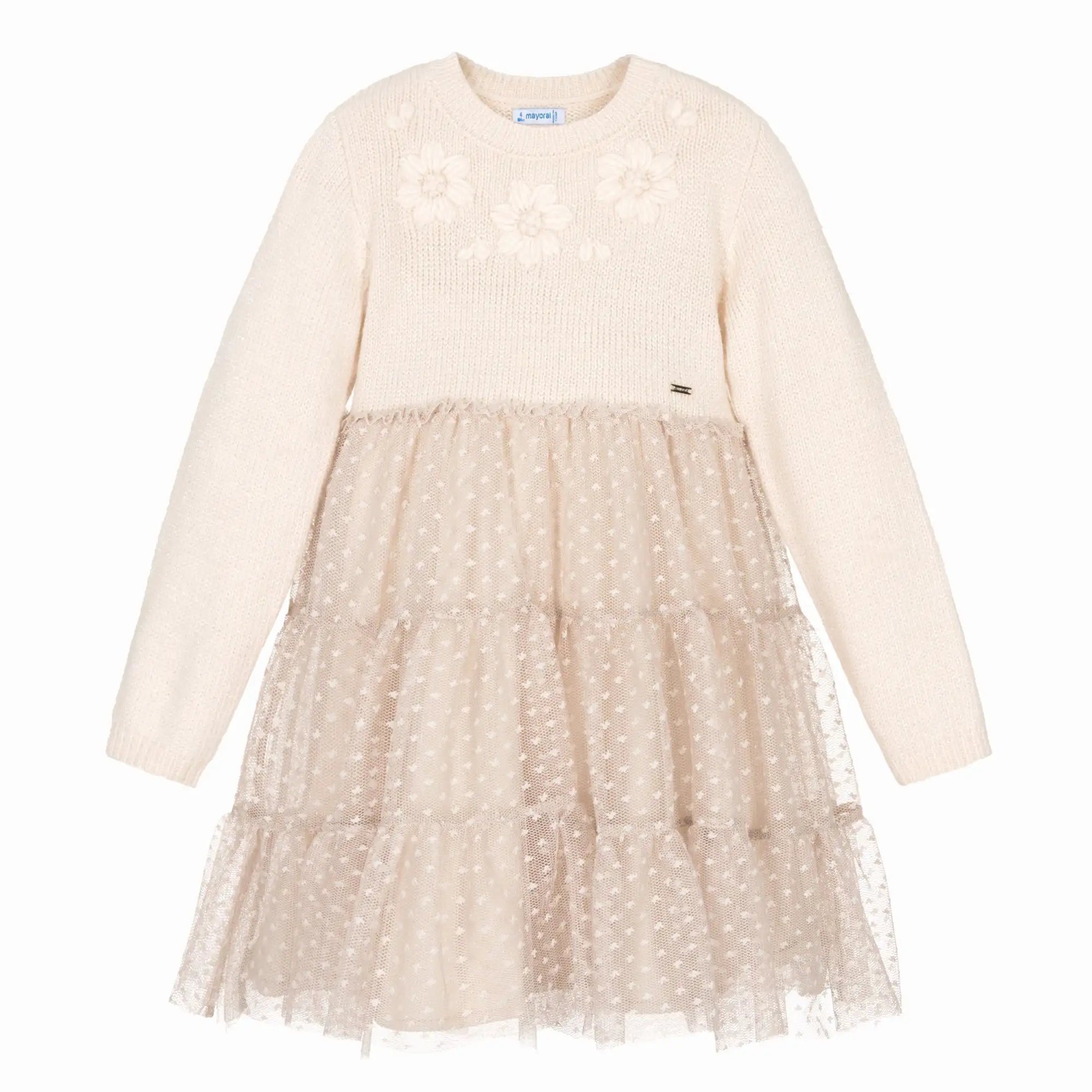 Beige Daisy Overlay Tulle Dress