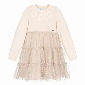 Beige Daisy Overlay Tulle Dress