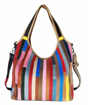 Boutique Striped Colorblock Calf Leather Satchel Bag Handbag