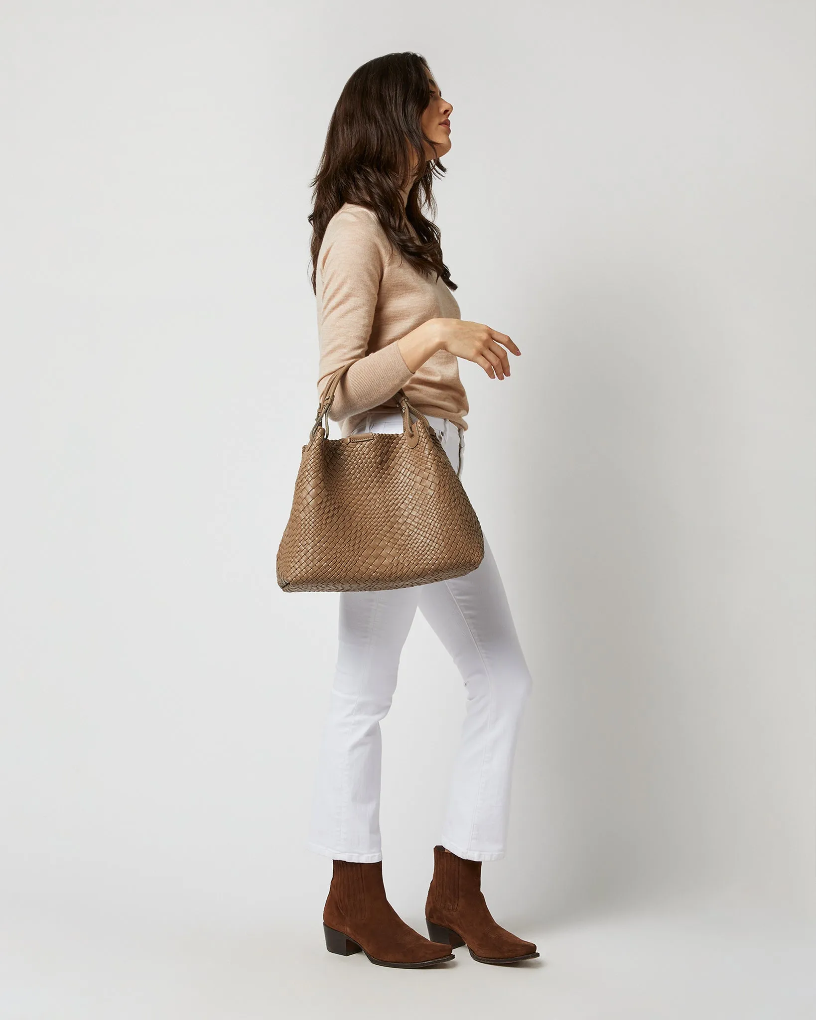 Cate Handwoven Satchel Bag in Dark Taupe Leather