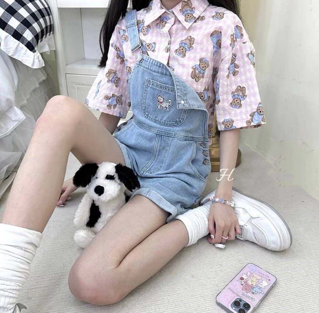 Cute bear pink checkers shirt BY8210