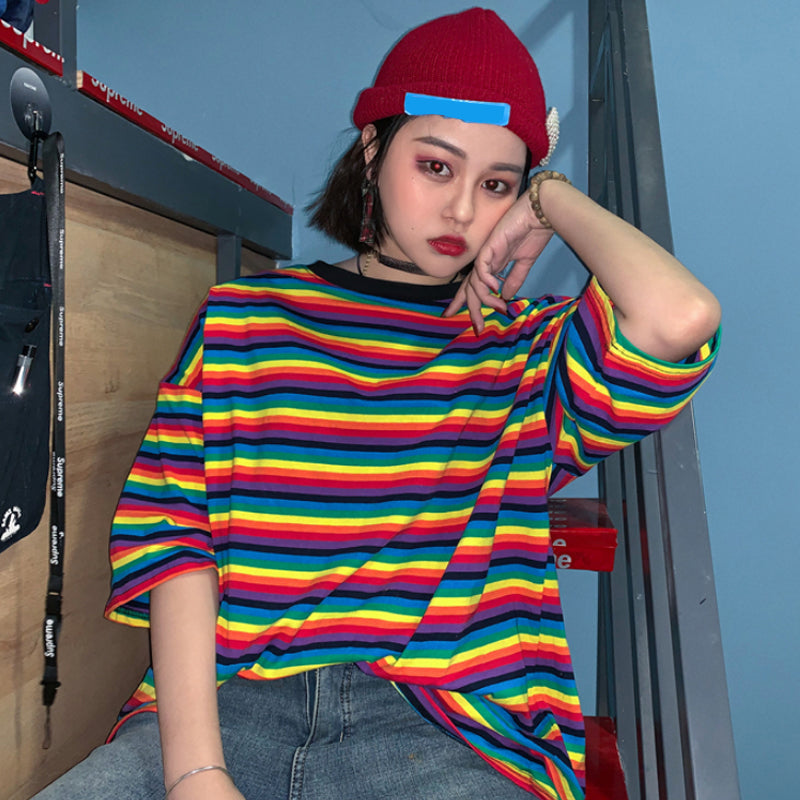 HARAJUKU KOREANSTYLE ULZZANG RETRO RAINBOW STRIPE SHIRT BY22094