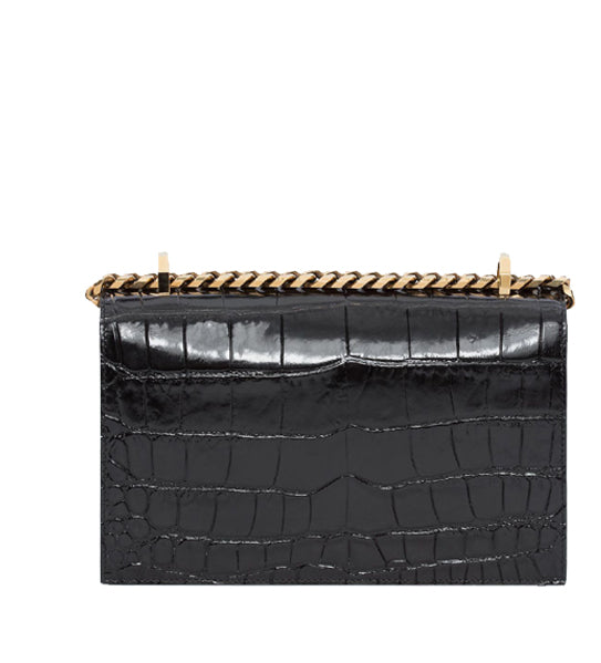 Jewelled Knuckle Satchel Glossy Croc, Black/Gold