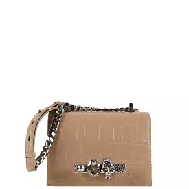 Jewelled Knuckle Satchel Small Glossy Croc, Camel/Silver