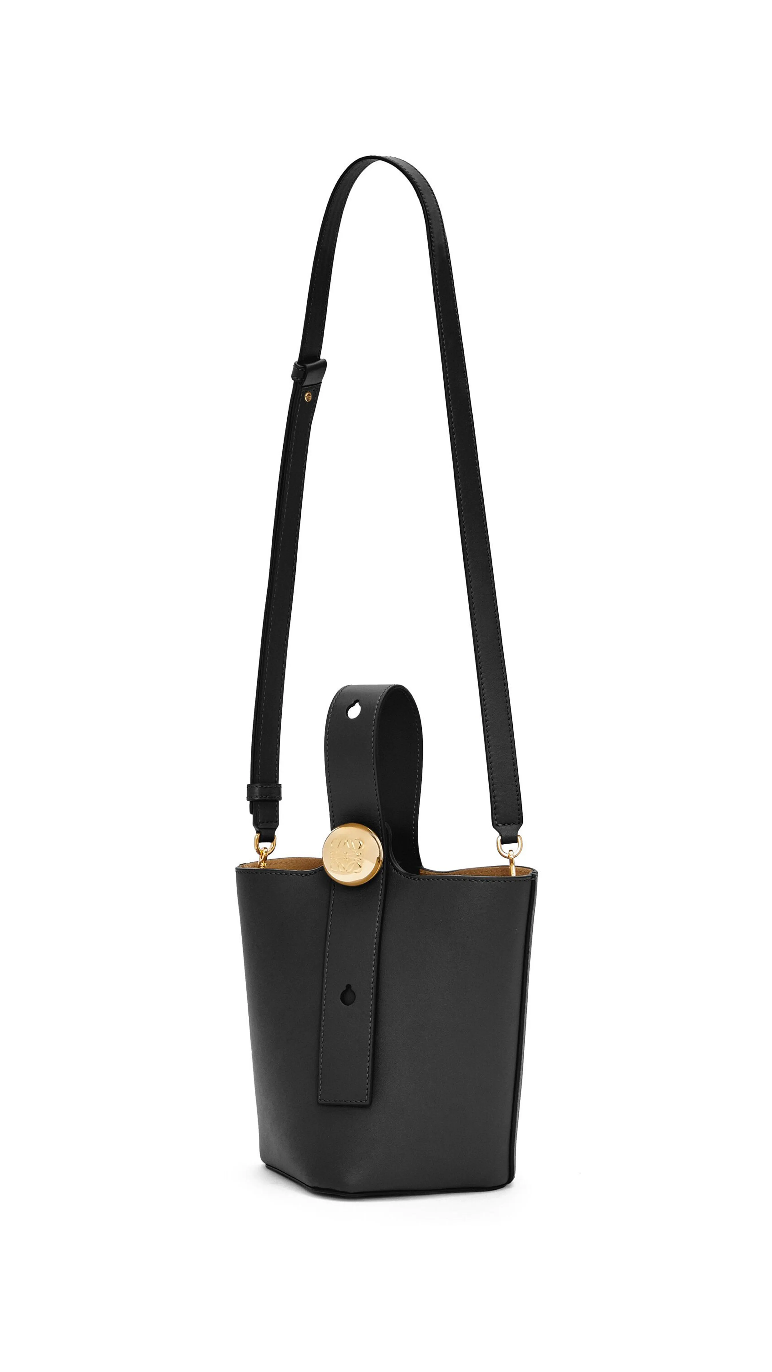 Mini Pebble Bucket Bag in Mellow Calfskin - Black