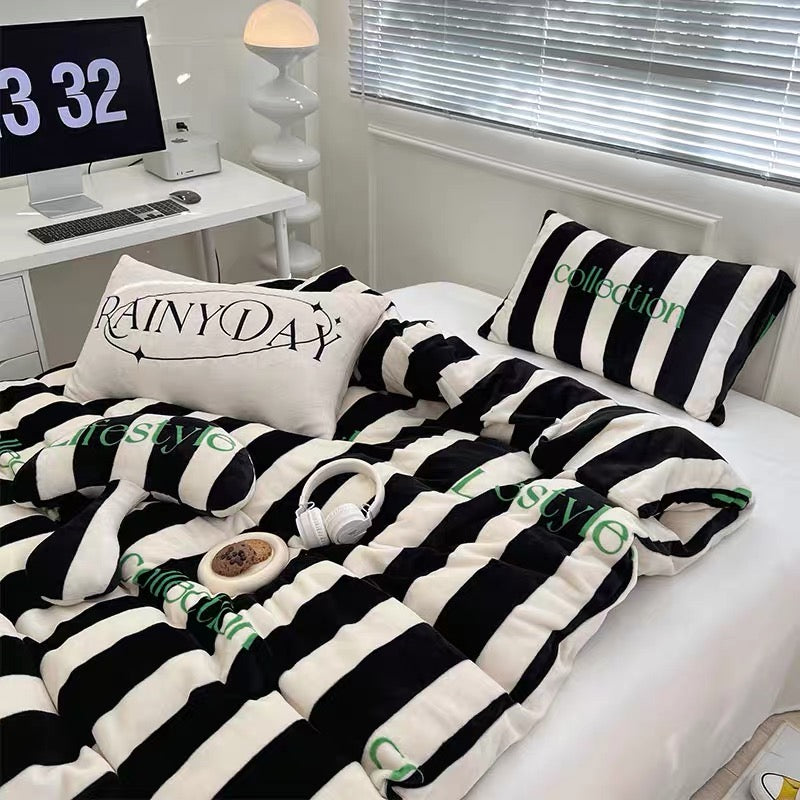 Modern Stripe black white green fleece bedding set