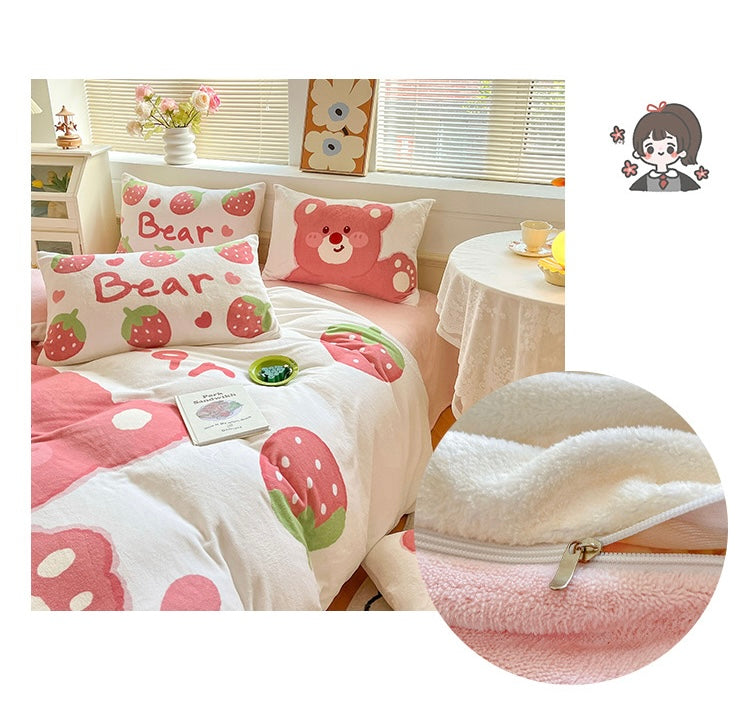 Pinky bear fleece warm winter bedding set