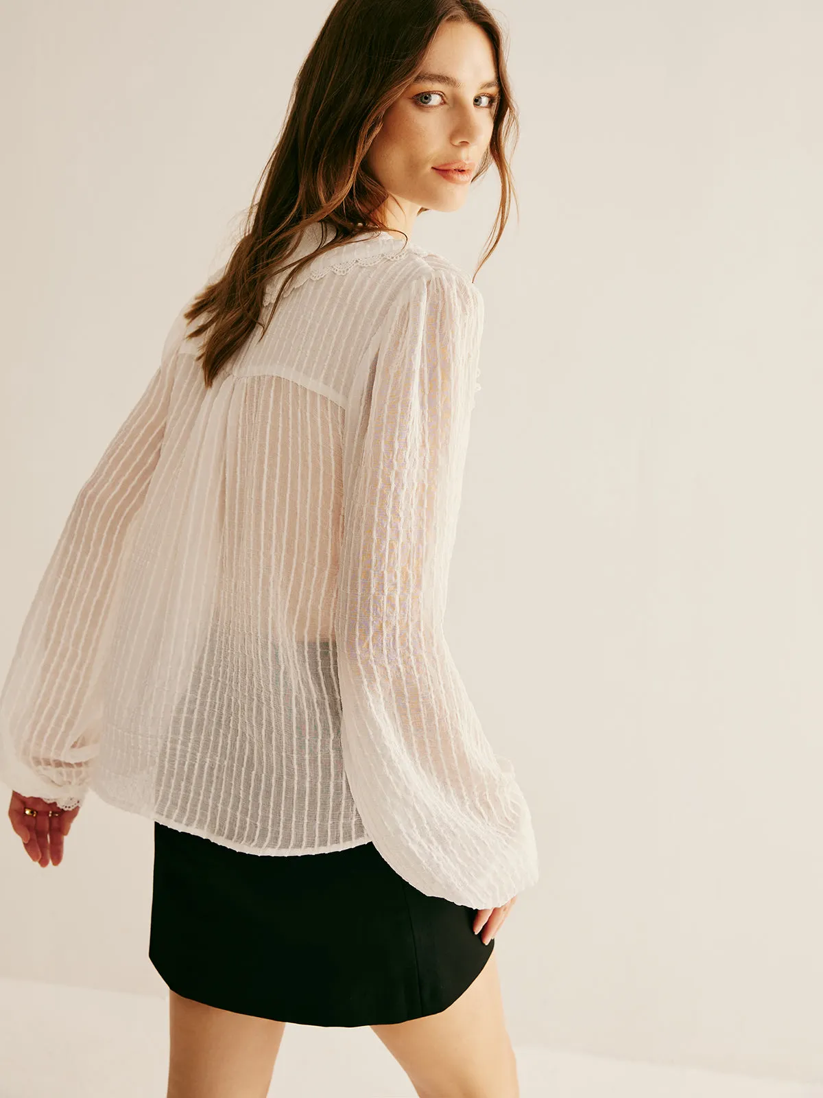 Ruffle Neck Pinstripe Semi-Sheer Shirt