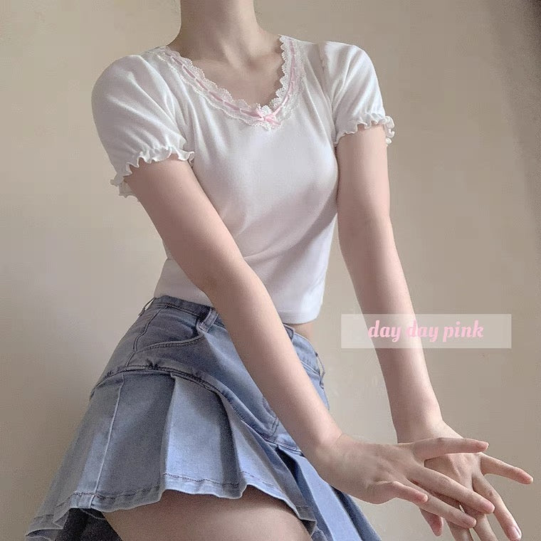 Sweet bow lace softgirl shirt croptop BY7020