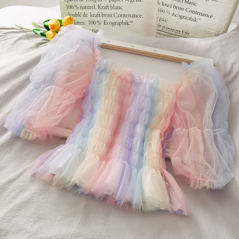 SWEET DREAM RAINBOW OFF-SHOULDER MESH SHIRT BY62204